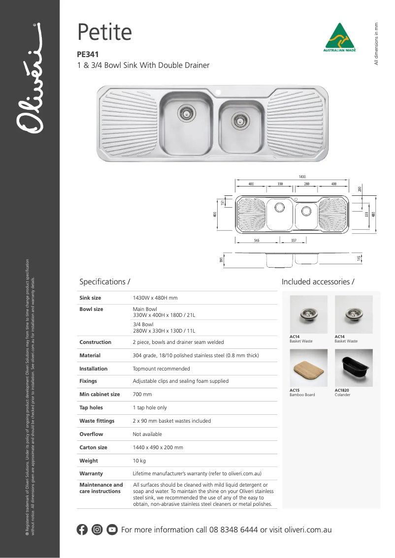 Page 1 de la notice Fiche technique Oliveri PE341