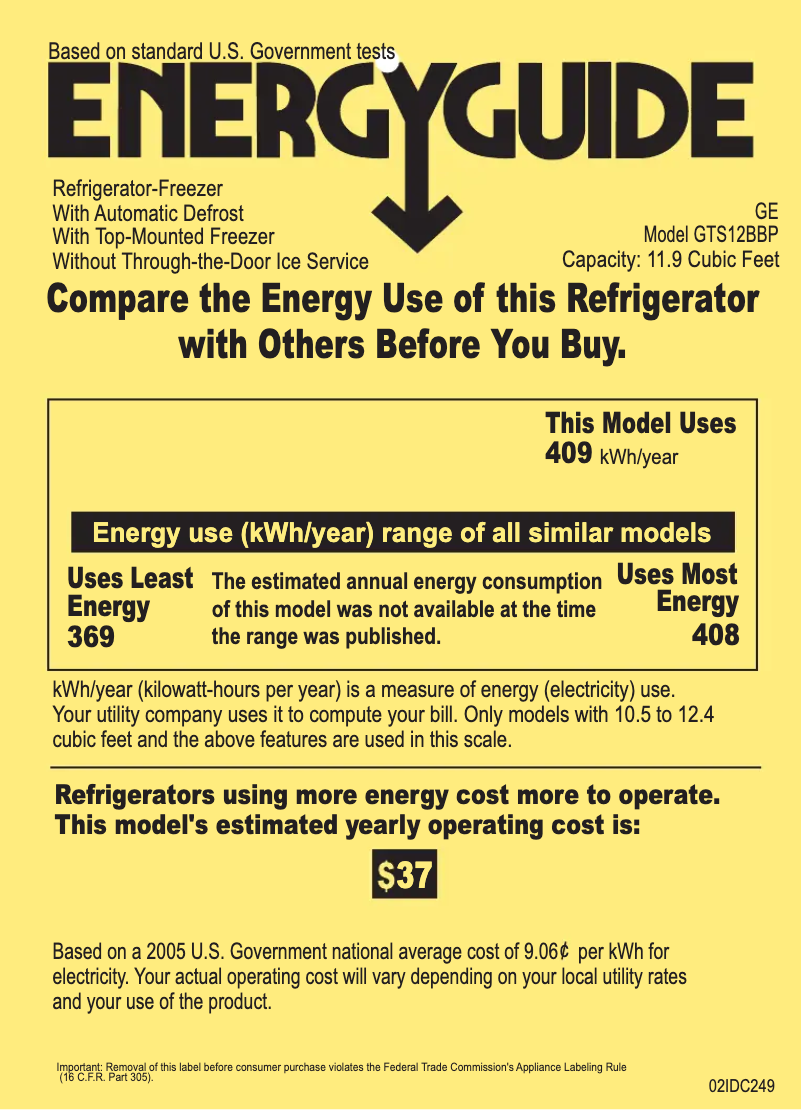 Page n°1 - Label énergétique GE GTS12BBPLWW