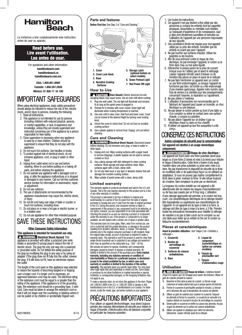 Page 1 de la notice Mode d'emploi Hamilton Beach 25462Z