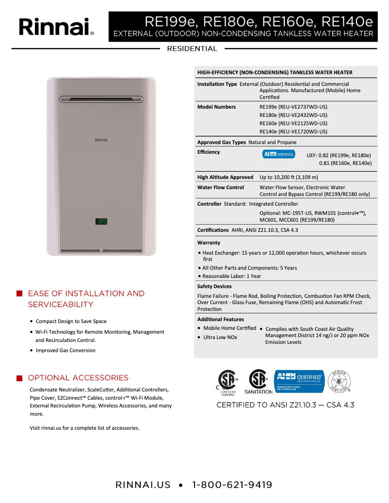 Page 1 de la notice Fiche technique Rinnai RE180eN