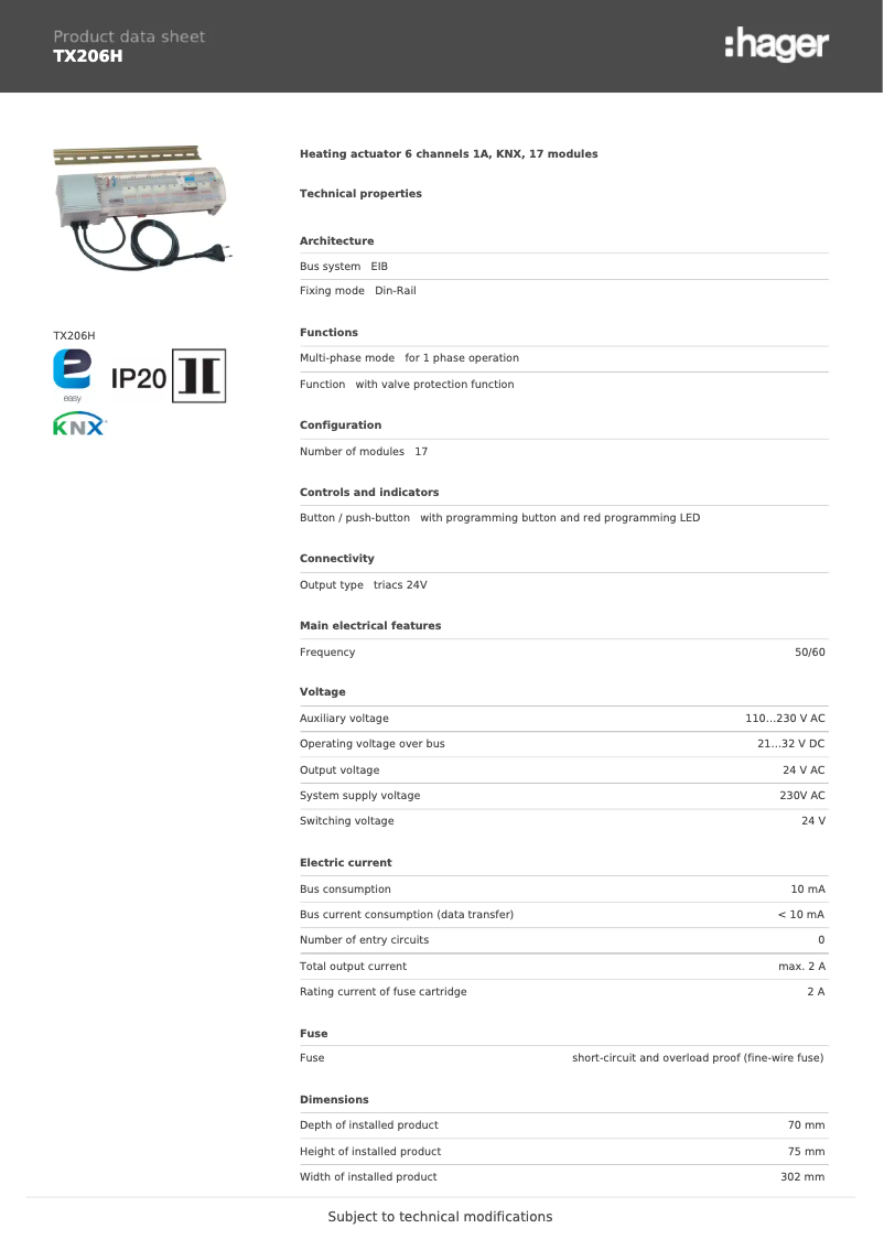 Page 1 de la notice Fiche technique Hager TX206H