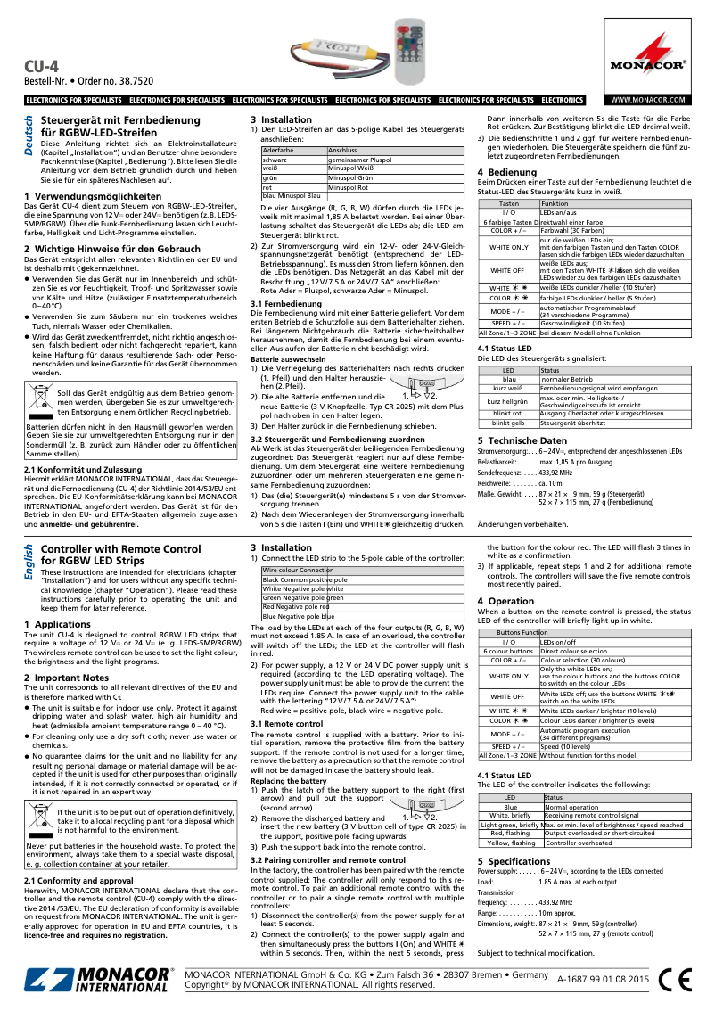 Page 1 de la notice Manuel utilisateur Monacor CU-4