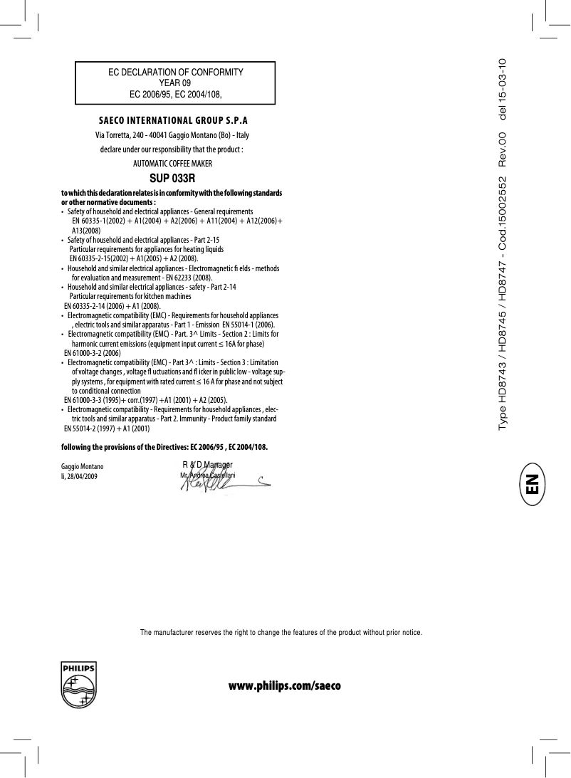 Page n°1 - Manuel utilisateur Philips Saeco Xsmall Automatic