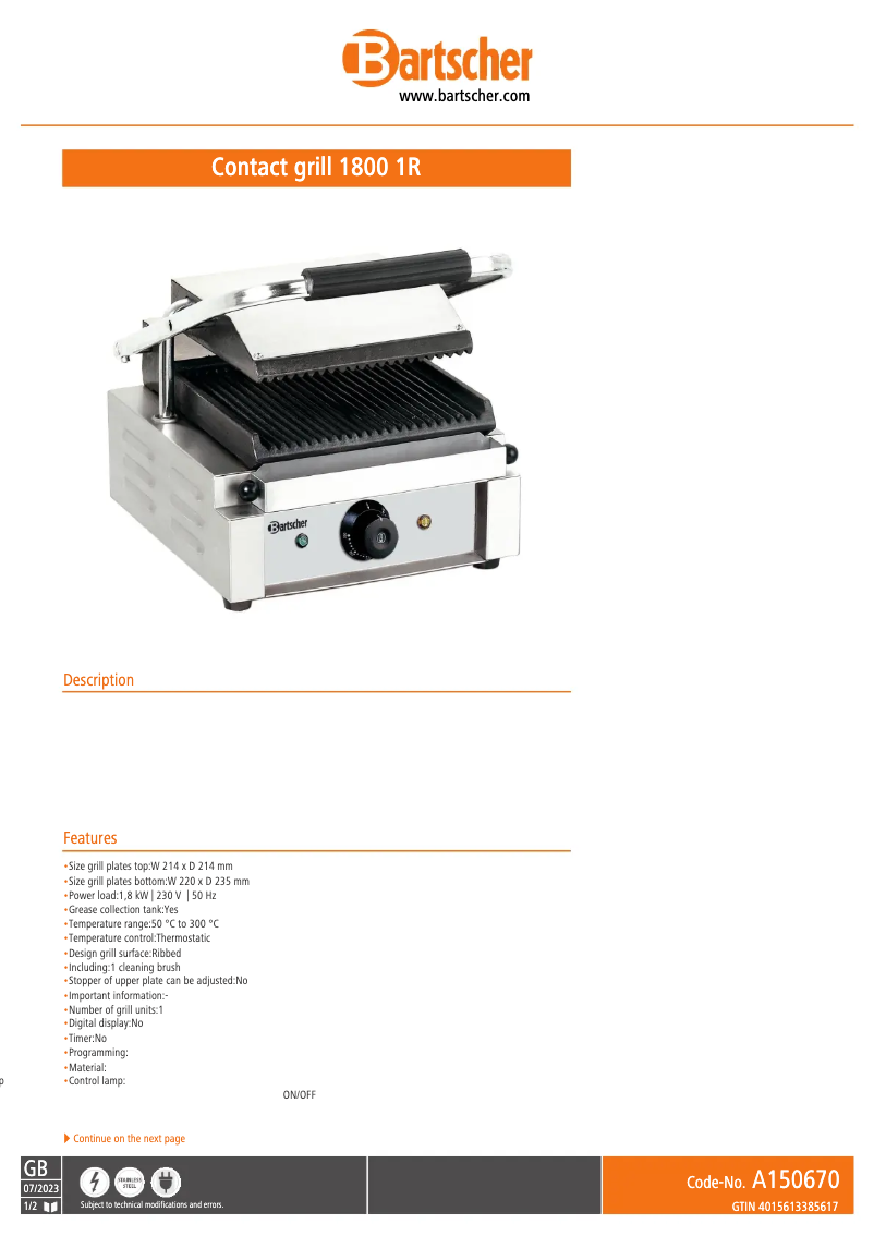 Página 1 del manual Ficha técnica Bartscher A150670