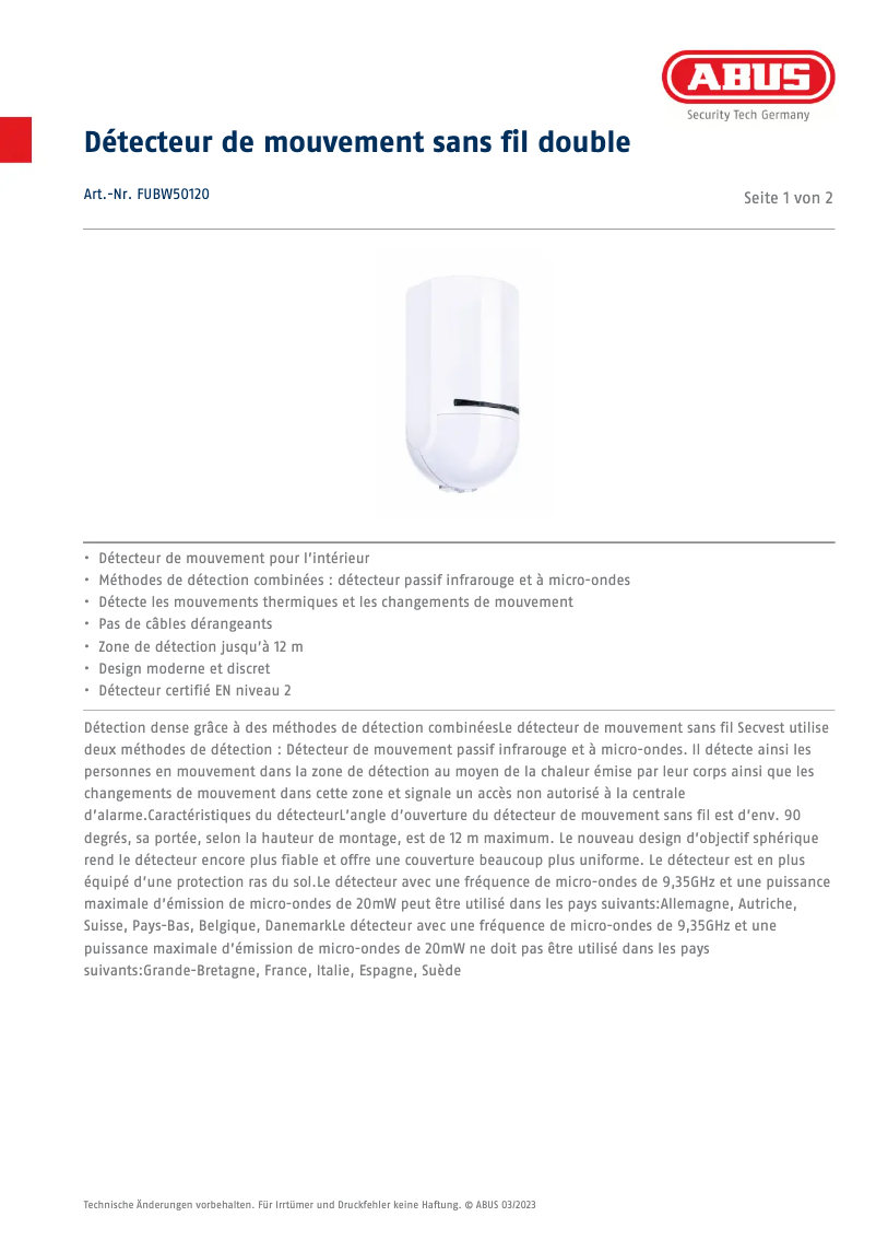 Page n°1 - Fiche technique Abus FUBW50120