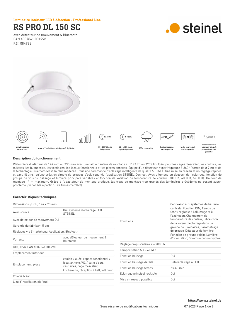 Page 1 de la notice Fiche technique Steinel RS PRO DL 150 SC
