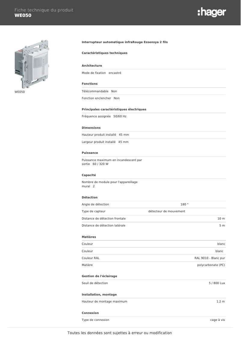 Page 1 de la notice Fiche technique Hager WE050