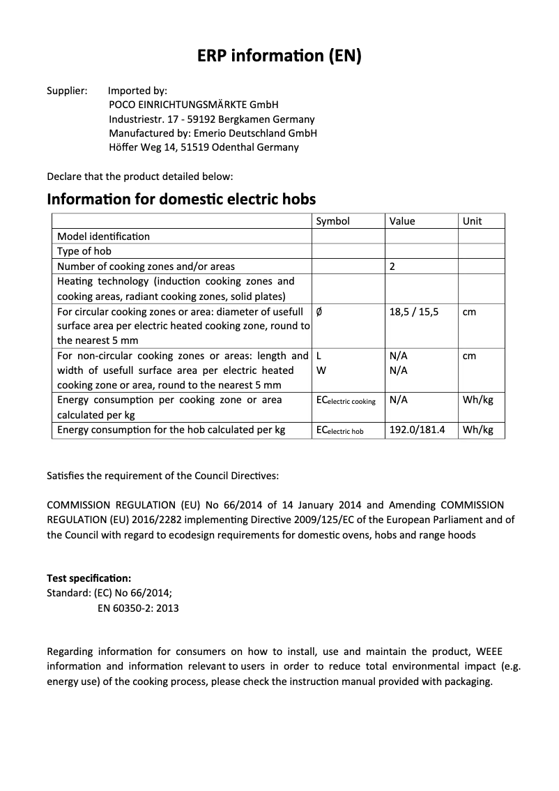 Page 1 de la notice Fiche technique Emerio HP-121242.1