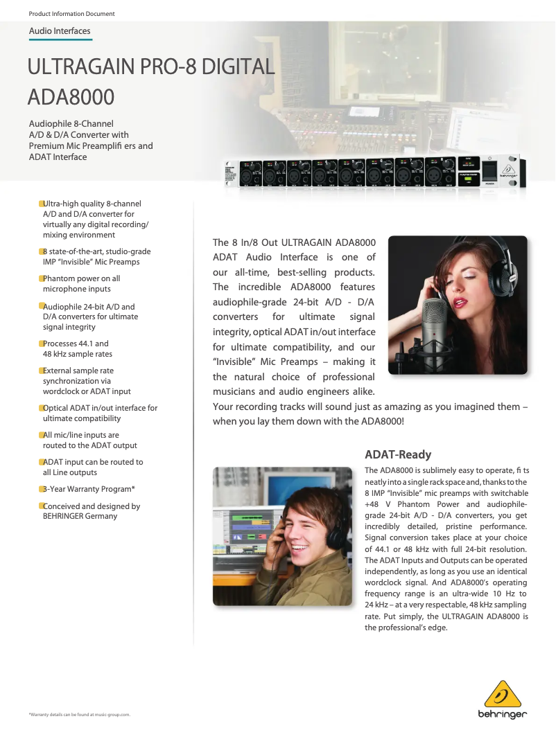 Page n°1 - Fiche technique Behringer Ultragain PRO-8 Digita ADA8000