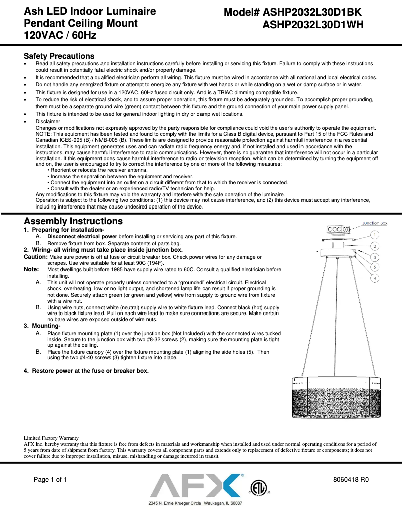 Page n°1 - Manuel utilisateur AFX Ash ASHP2032L30D1BK