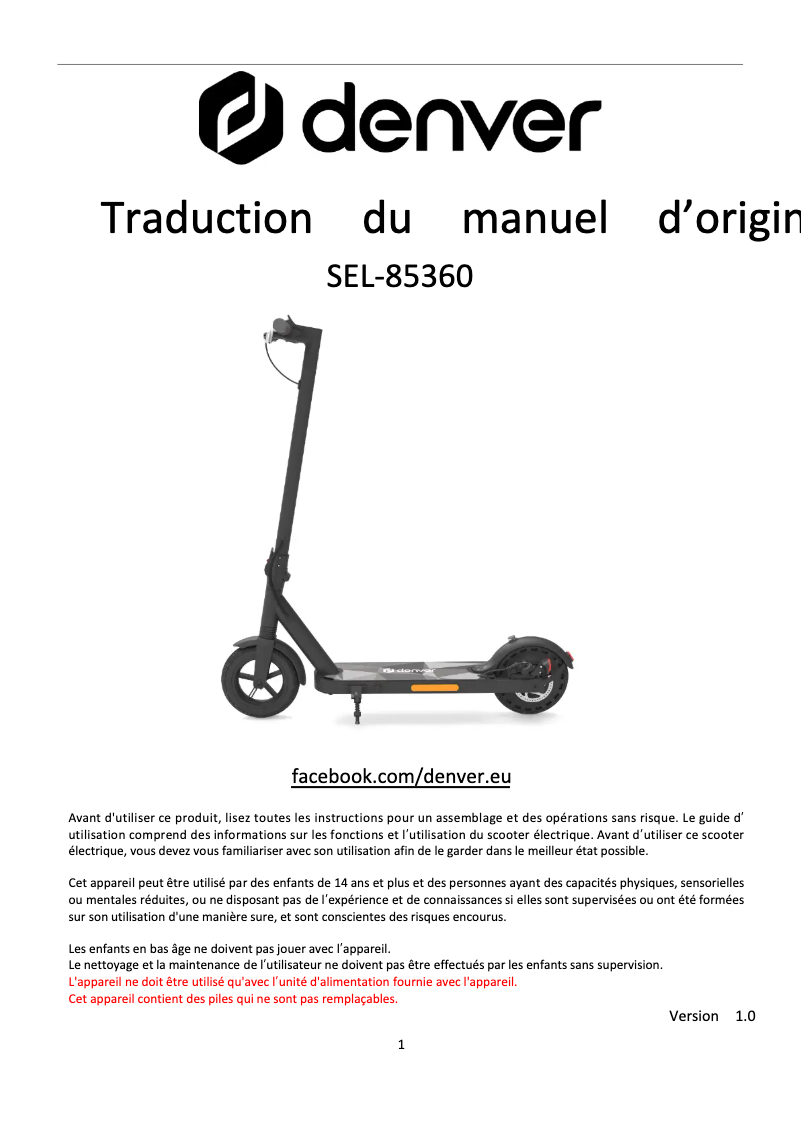 Page n°1 - Manuel utilisateur Denver SEL-85360