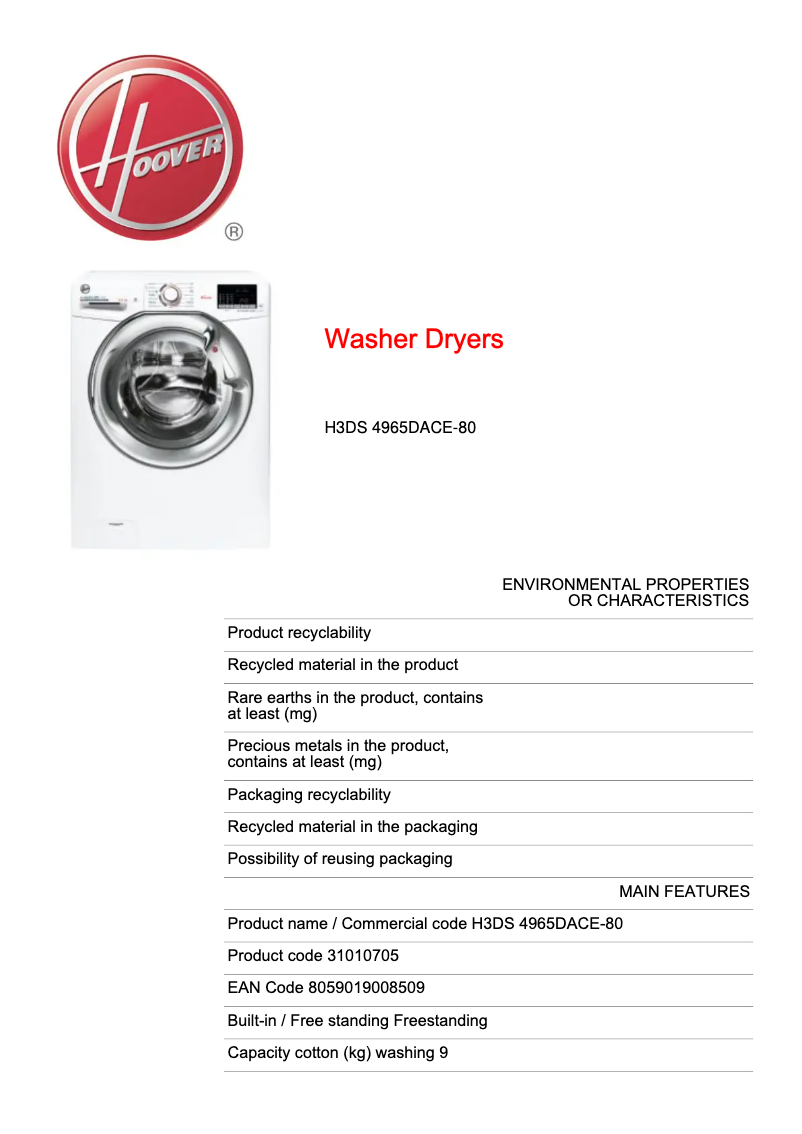 Page 1 de la notice Fiche technique Hoover H-WASH & DRY 300 H3DS 4965DACE-80