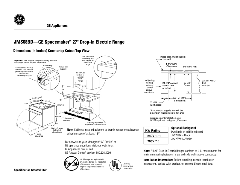Página 1 del manual Ficha técnica GE JMS08BDWH