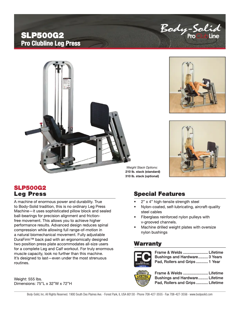 Page 1 de la notice Fiche technique Body-Solid SLP500G-2