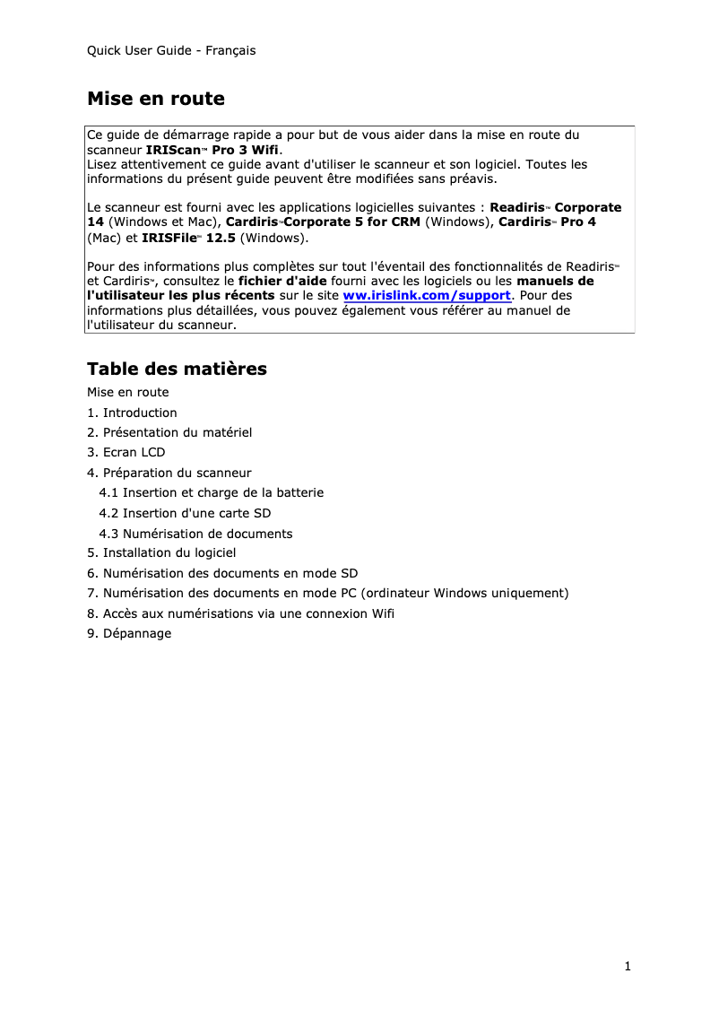 Page n°1 - Manuel utilisateur I.R.I.S. IRIScan Pro 3 Wi-Fi