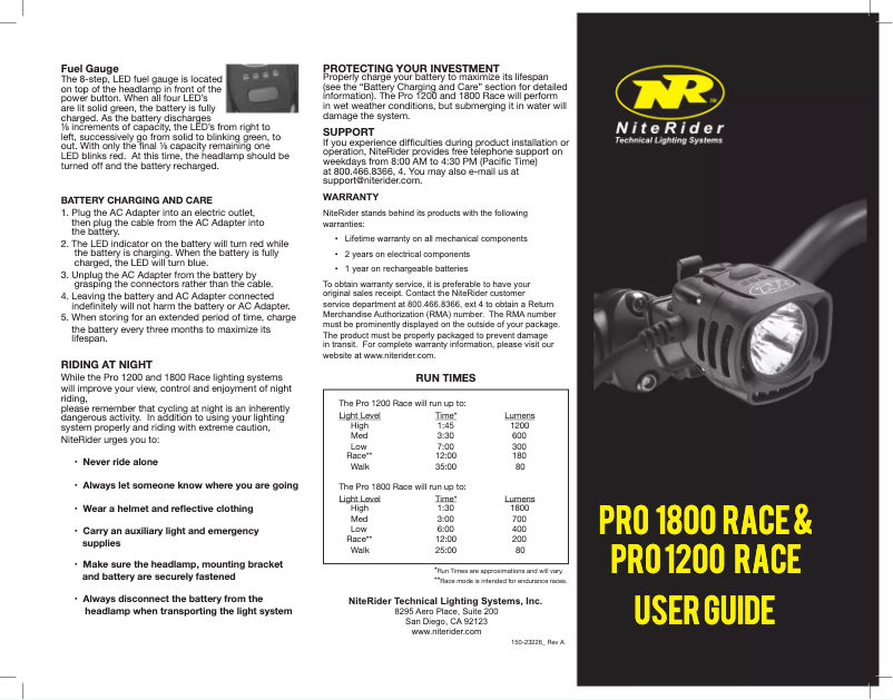 Page n°1 - Manuel utilisateur NiteRider Pro 1800 Race