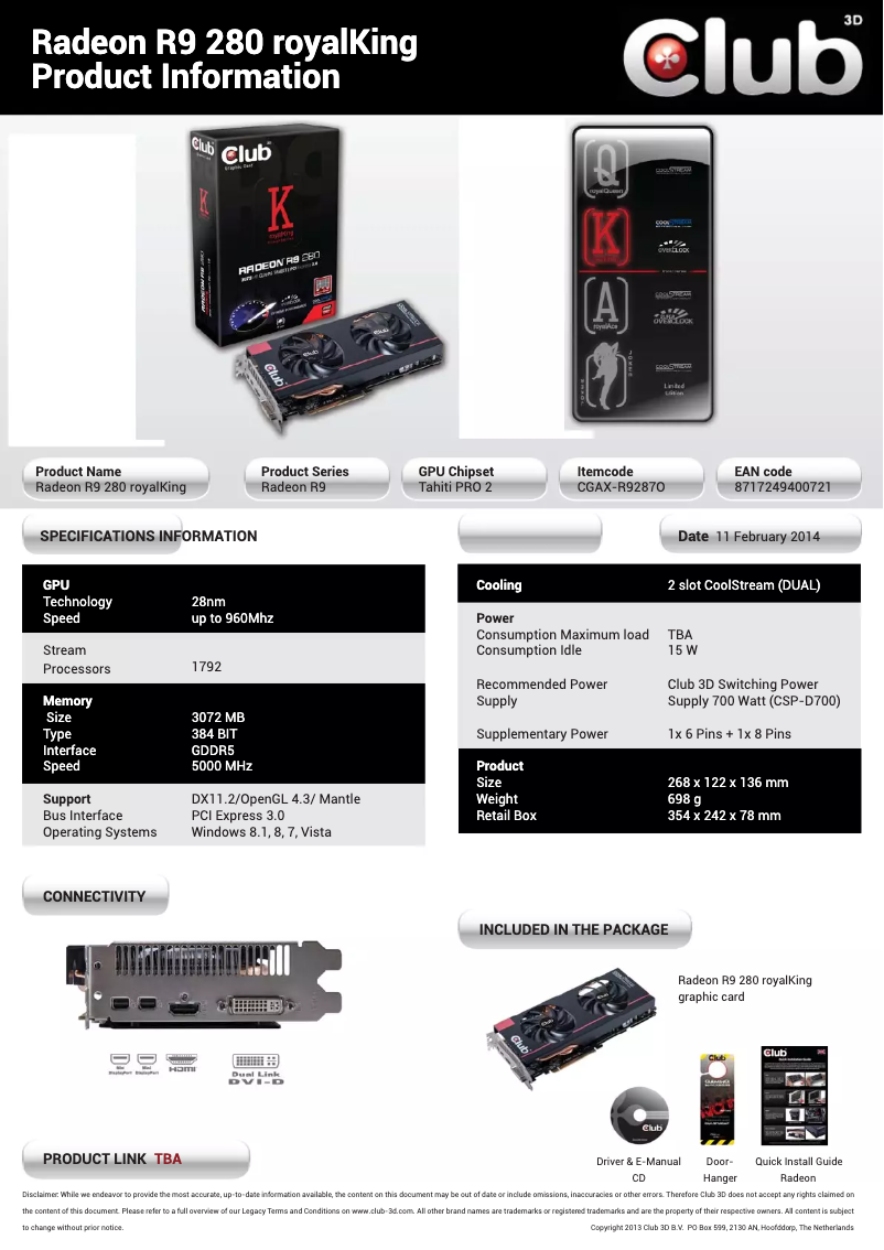 Page n°1 - Manuel utilisateur CLUB3D Radeon R9 280 royalKing