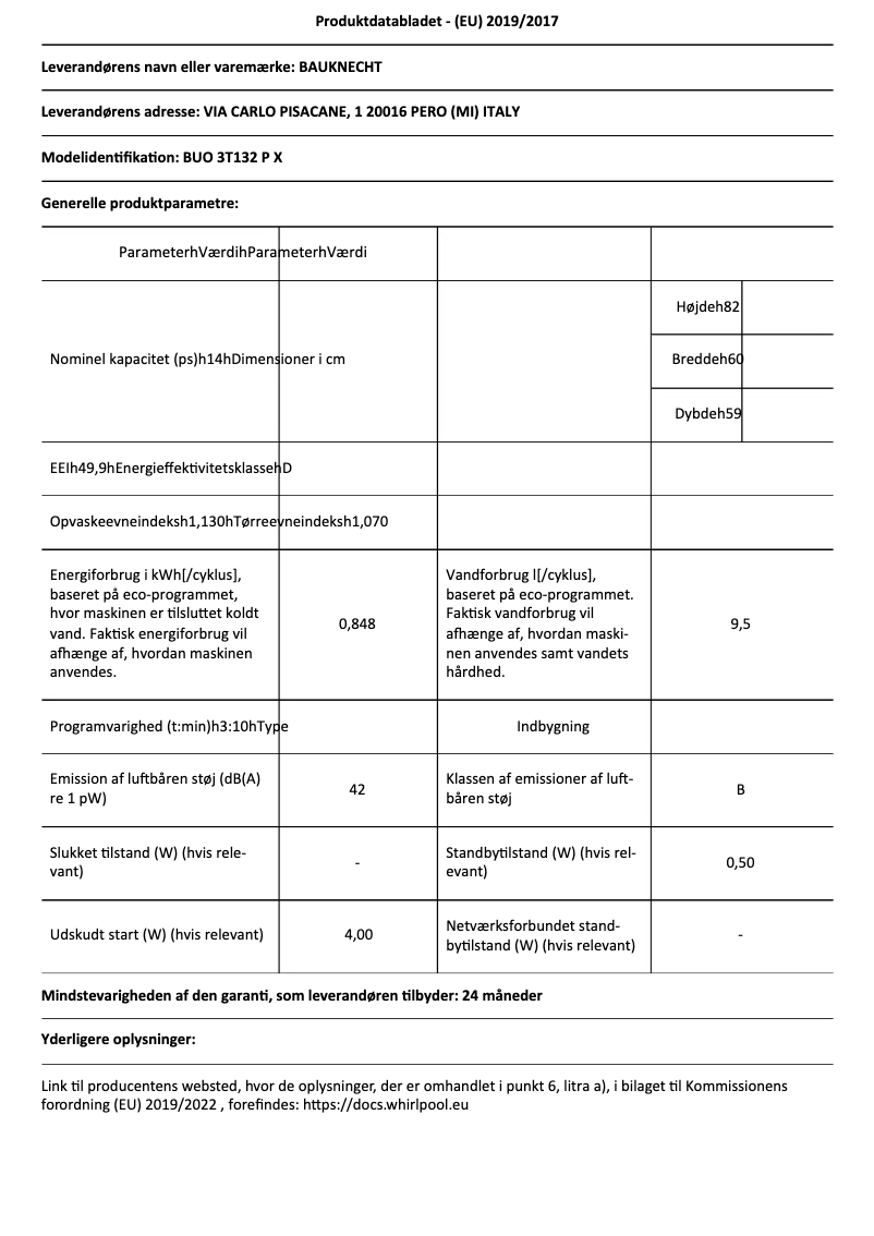 Page 1 de la notice Fiche technique Bauknecht BUO 3T132 P X