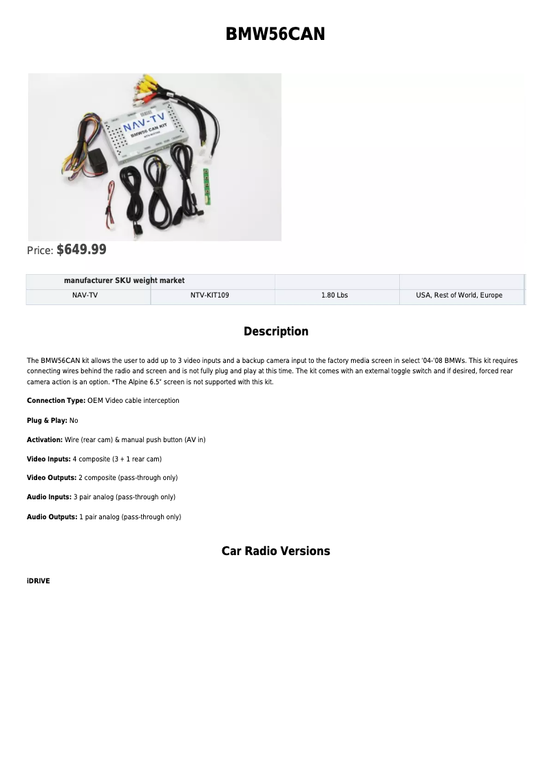 Page n°1 - Fiche technique NAV-TV NVT-KIT109