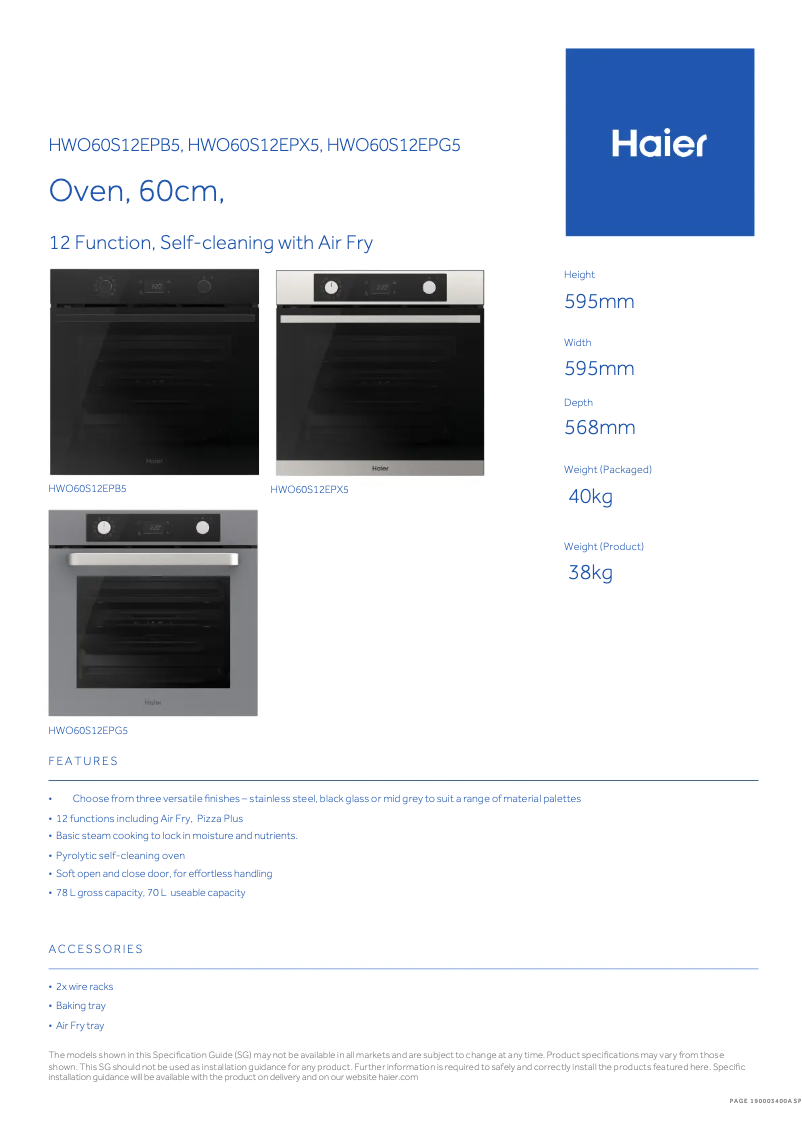 Page 1 de la notice Fiche technique Haier HWO60S12EPB5