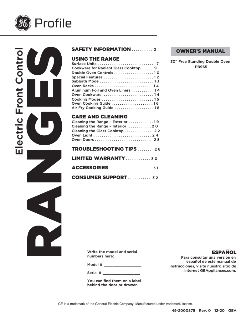 Page 1 of the manual User Manual GE PB965