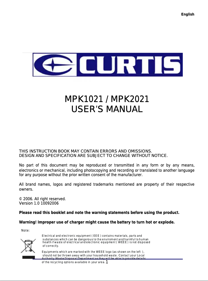 Page 1 de la notice Manuel utilisateur Curtis MPK1021