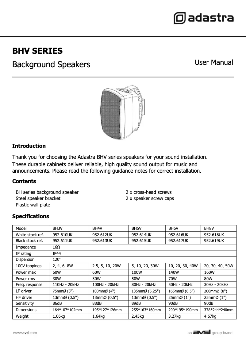 Page 1 de la notice Manuel utilisateur Adastra BH3V