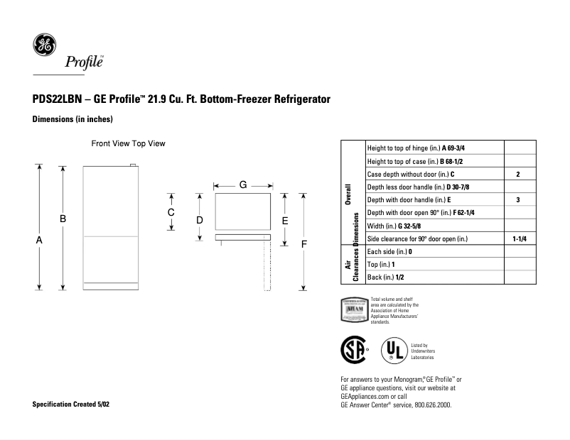 Page n°1 - Fiche technique GE Profile PDS22LBNWW