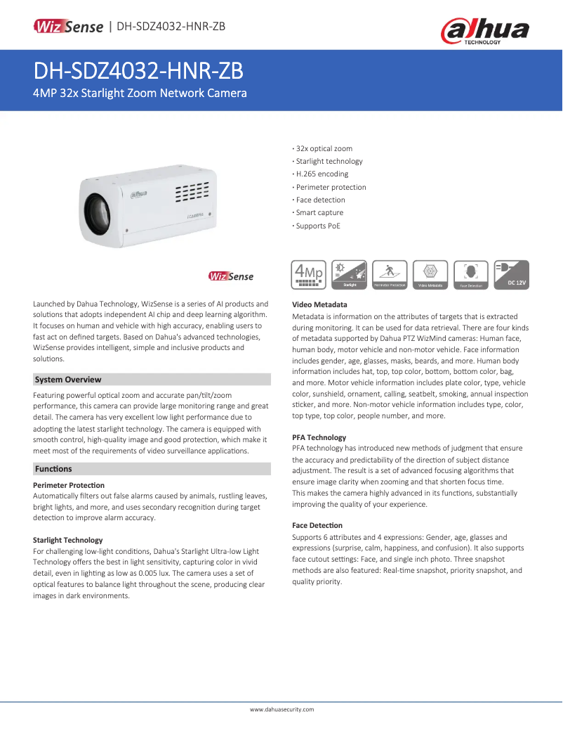 Page 1 de la notice Fiche technique Dahua Technology SDZ4032-HNR-ZB