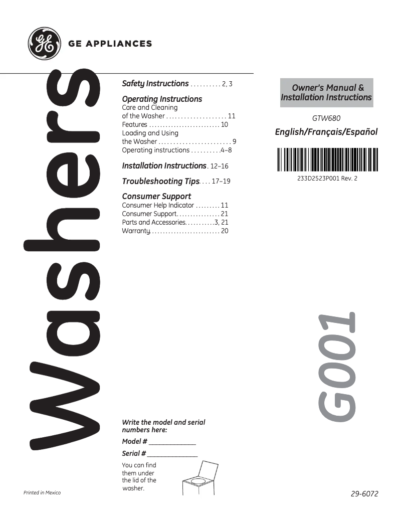 Page 1 of the manual User Manual GE GTW680BMMWS