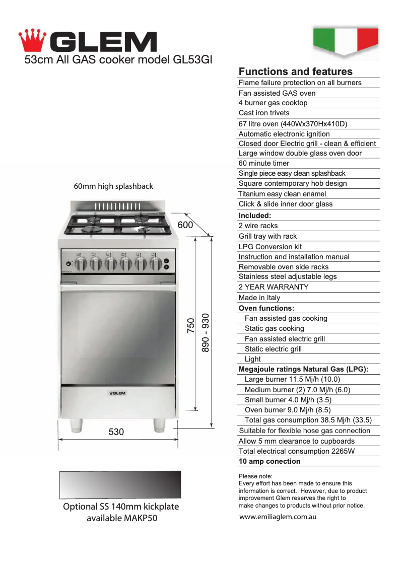 Page 1 de la notice Fiche technique Glem Gas GL53GI