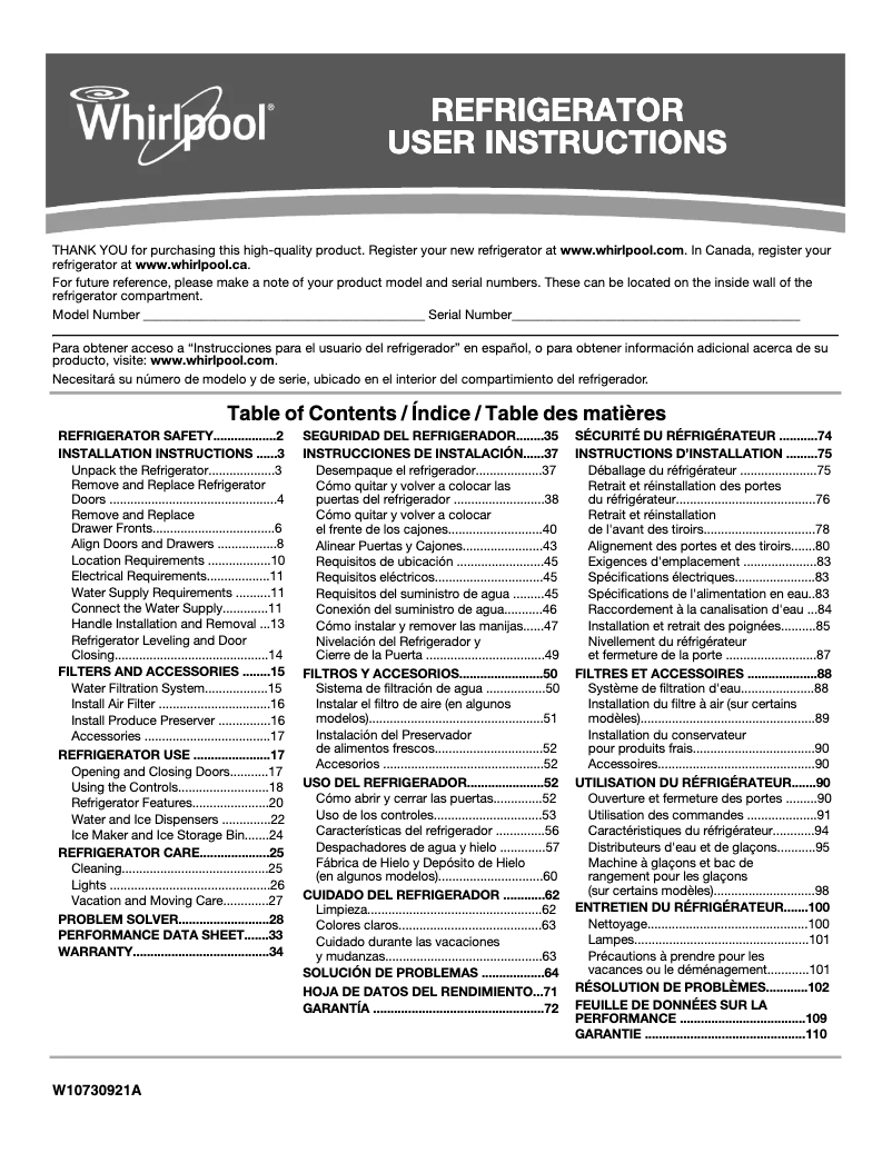 Page 1 de la notice Manuel utilisateur Whirlpool WRV986FDEM
