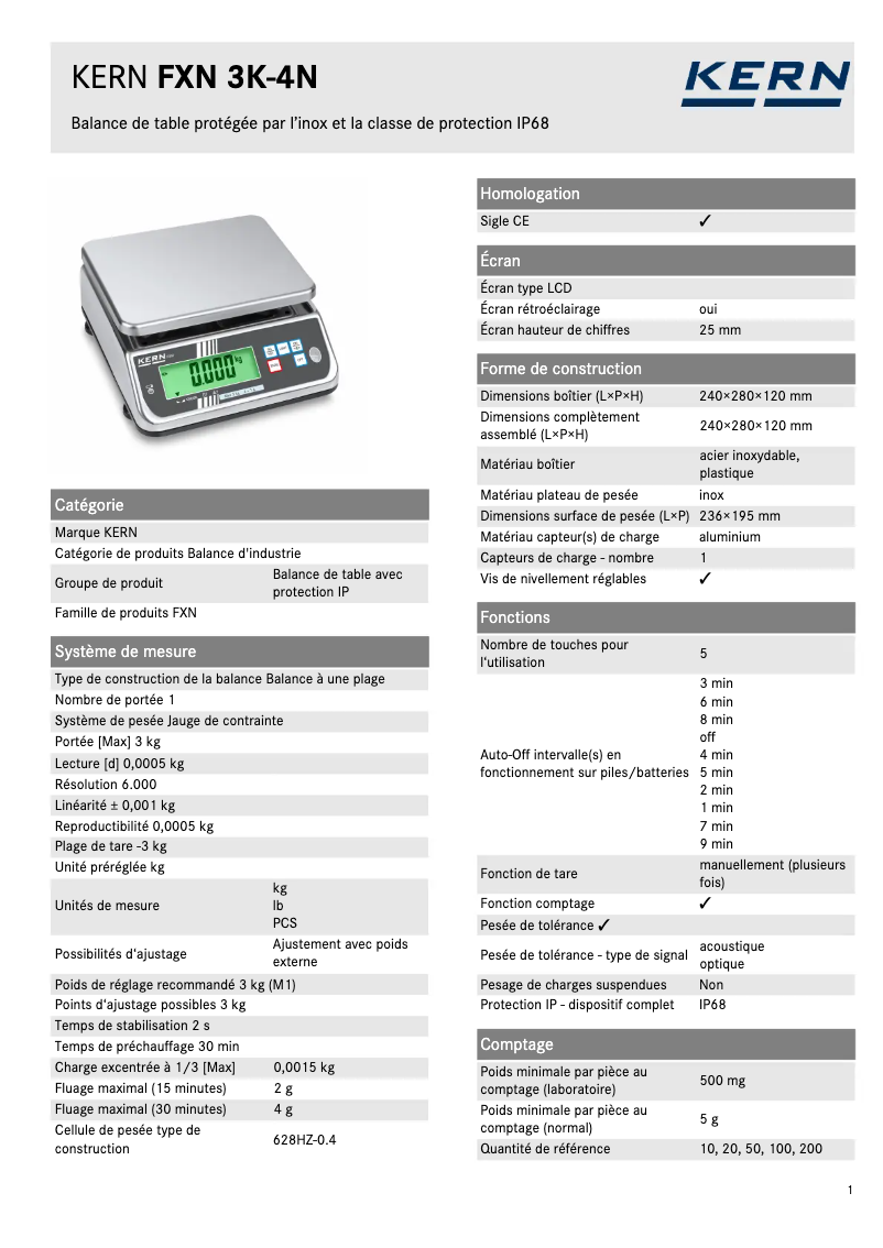 Page 1 de la notice Fiche technique Kern FXN 3K-4N