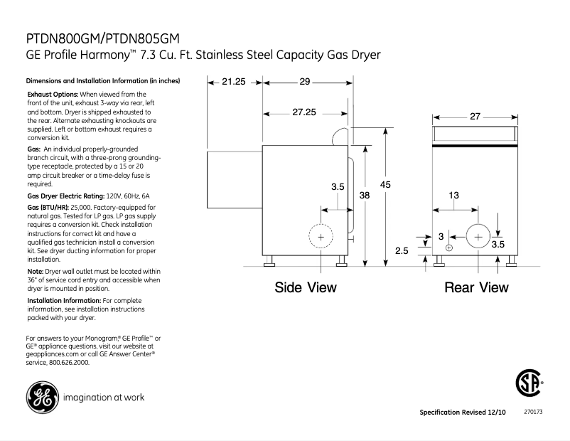 Page n°1 - Fiche technique GE Profile Harmony PTDN805GMMS