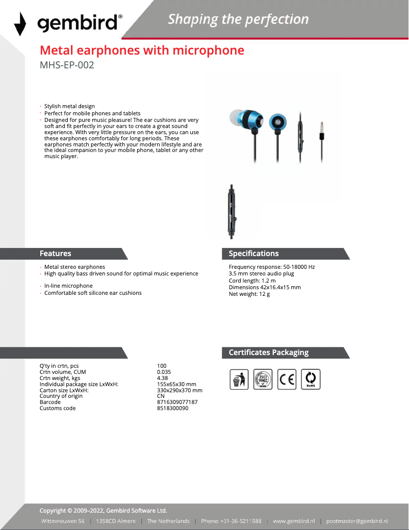 Page 1 de la notice Manuel utilisateur Gembird MHS-EP-002