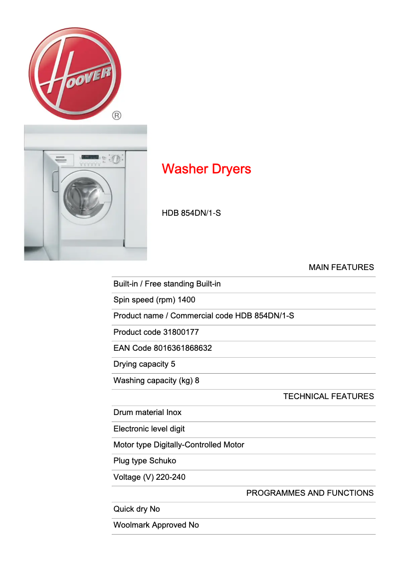 Page 1 de la notice Fiche technique Hoover HDB 854DN/1-S