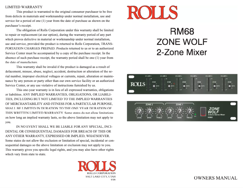 Page 1 de la notice Manuel utilisateur Rolls Zone Wolf RM68