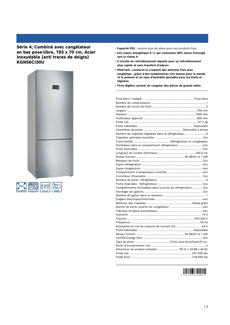 Page n°1 - Fiche technique Bosch KGN56CI30U