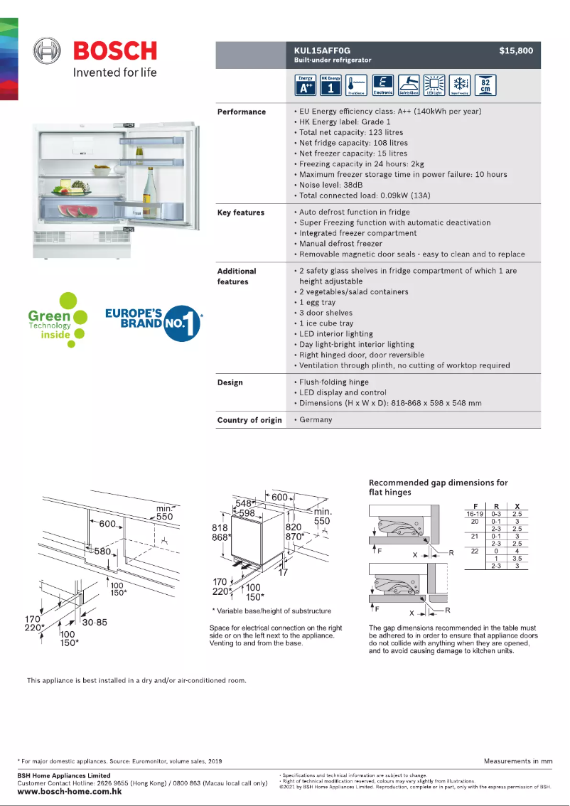 Page n°1 - Fiche technique Bosch KUL15AFF0G
