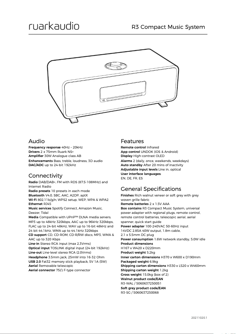 Página 1 del manual Ficha técnica Ruark Audio R3 Mk1