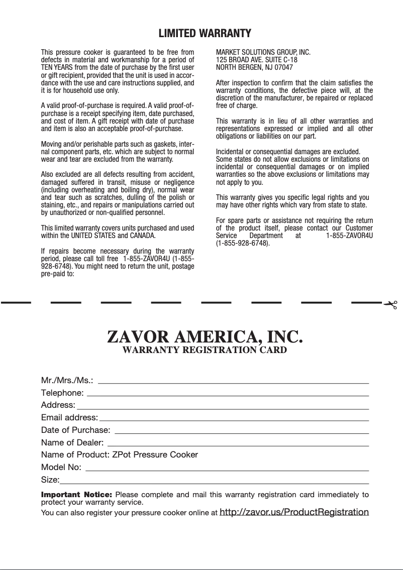 Page n°1 - Informations de garantie Zavor ZPot ZCWSP02