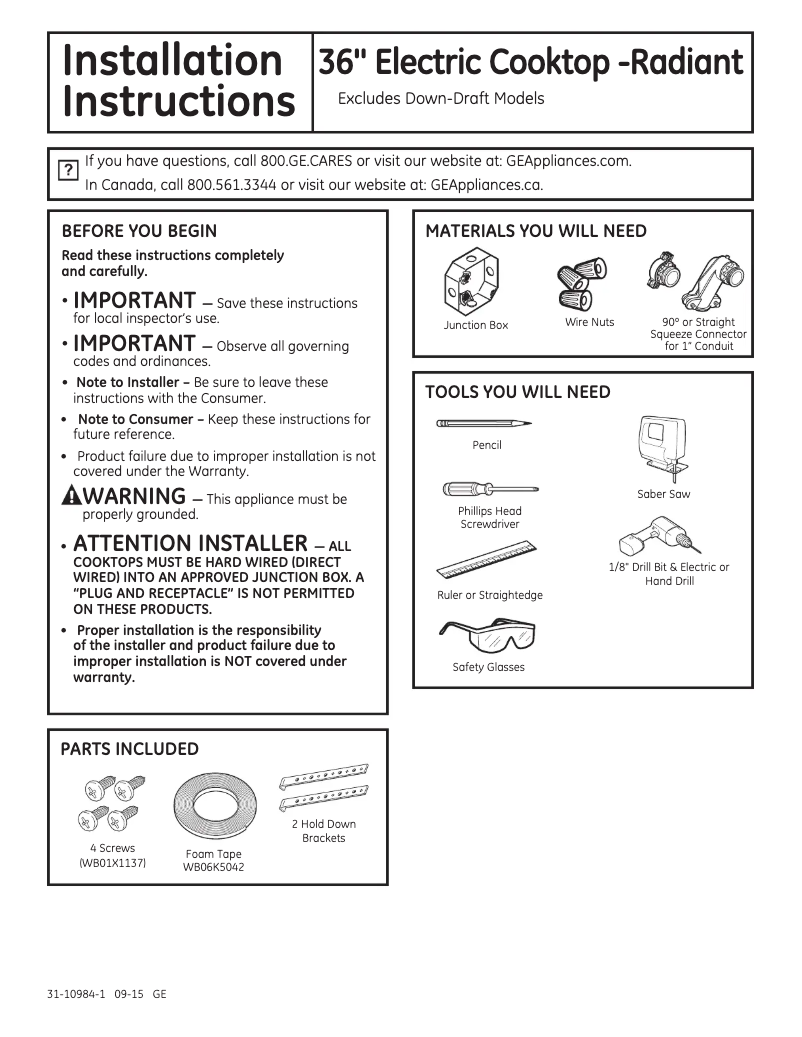 Page 1 de la notice Guide d'installation GE JP3536TJWW