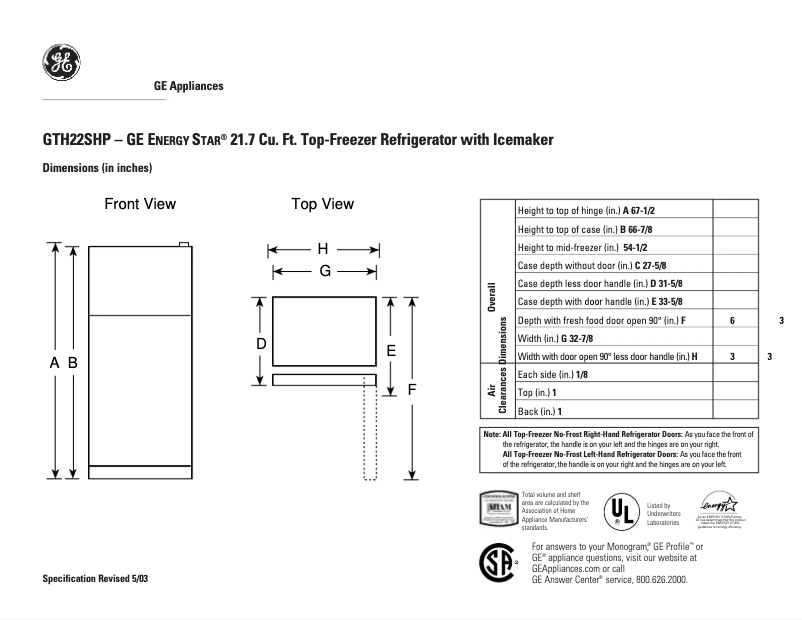 Page n°1 - Fiche technique GE GTH22SHPBS