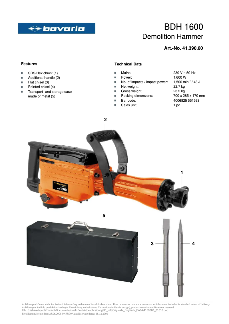 Page n°1 - Fiche technique Bavaria BDH 1600