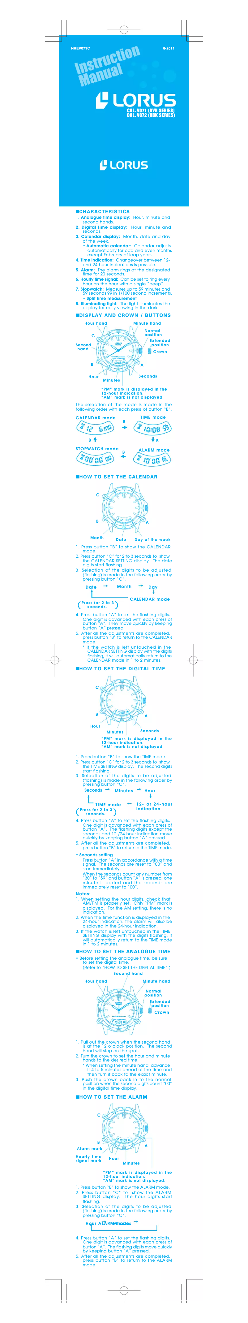 Page n°1 - Manuel utilisateur Lorus V071