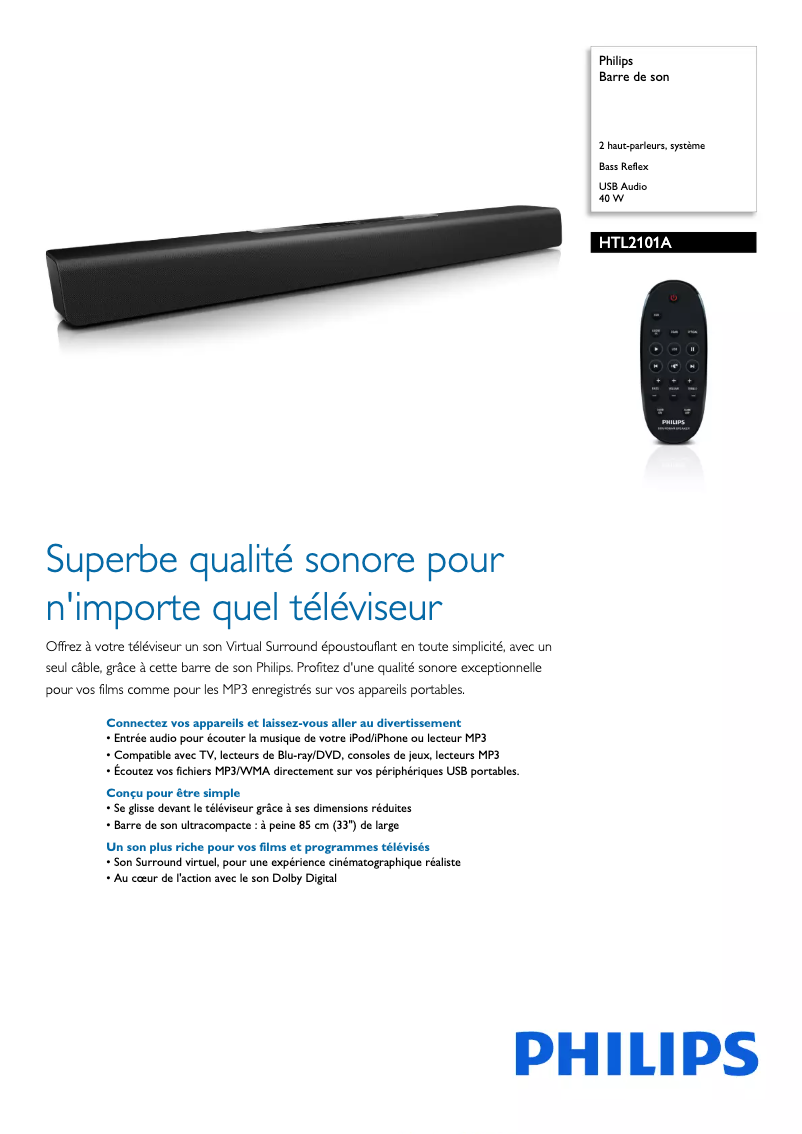 Page 1 de la notice Fiche technique Philips HTL2101A