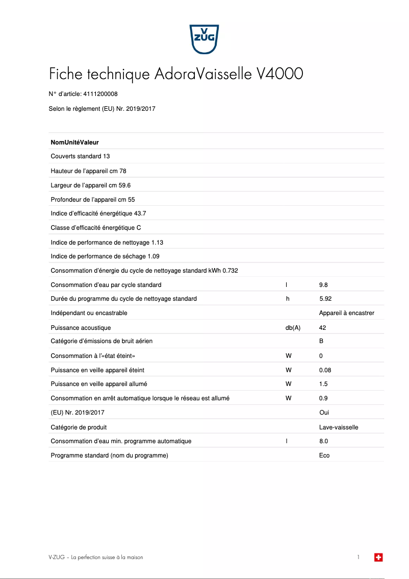 Page 1 de la notice Fiche technique V-Zug AdoraVaisselle V4000