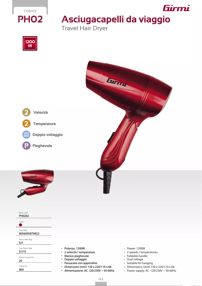 Page 1 de la notice Fiche technique Girmi PH02