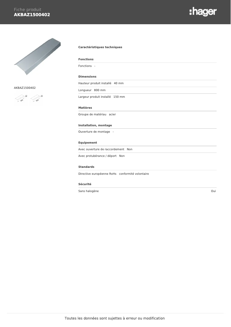 Page 1 of the manual Technical Sheet Hager AKBAZ1500402