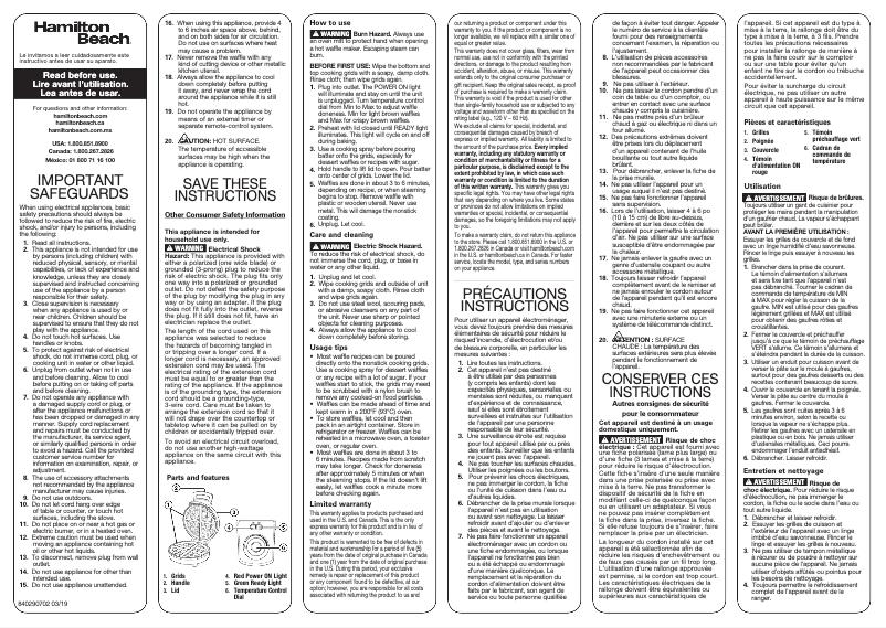Page 1 de la notice Manuel utilisateur Hamilton Beach 26080